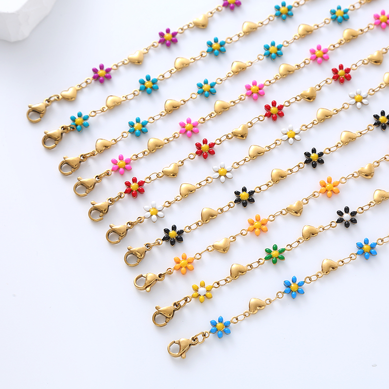 Simple Style Heart Shape Flower Stainless Steel Patchwork Enamel Gold Plated Bracelets display picture 2