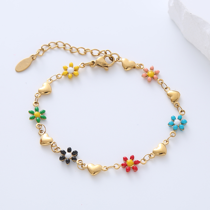 Simple Style Heart Shape Flower Stainless Steel Patchwork Enamel Gold Plated Bracelets display picture 3