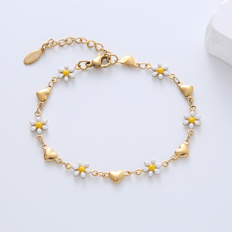 Simple Style Heart Shape Flower Stainless Steel Patchwork Enamel Gold Plated Bracelets display picture 4
