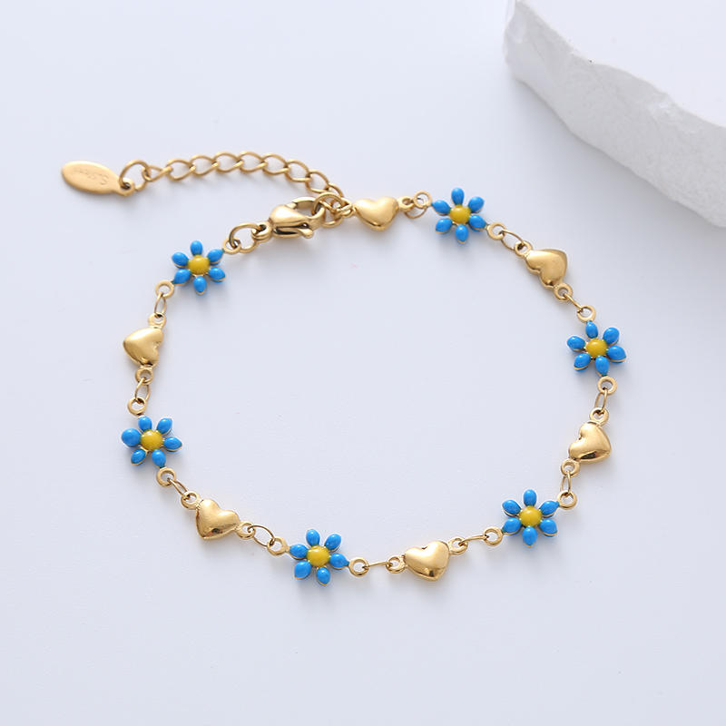 Simple Style Heart Shape Flower Stainless Steel Patchwork Enamel Gold Plated Bracelets display picture 5