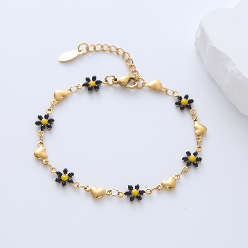 Simple Style Heart Shape Flower Stainless Steel Patchwork Enamel Gold Plated Bracelets display picture 7