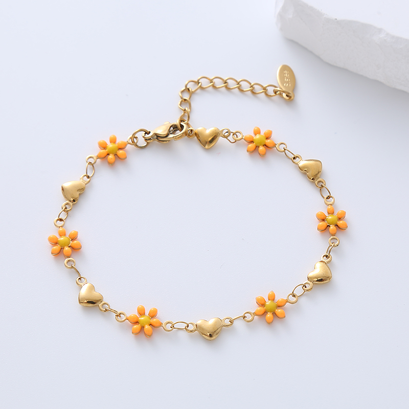 Simple Style Heart Shape Flower Stainless Steel Patchwork Enamel Gold Plated Bracelets display picture 8
