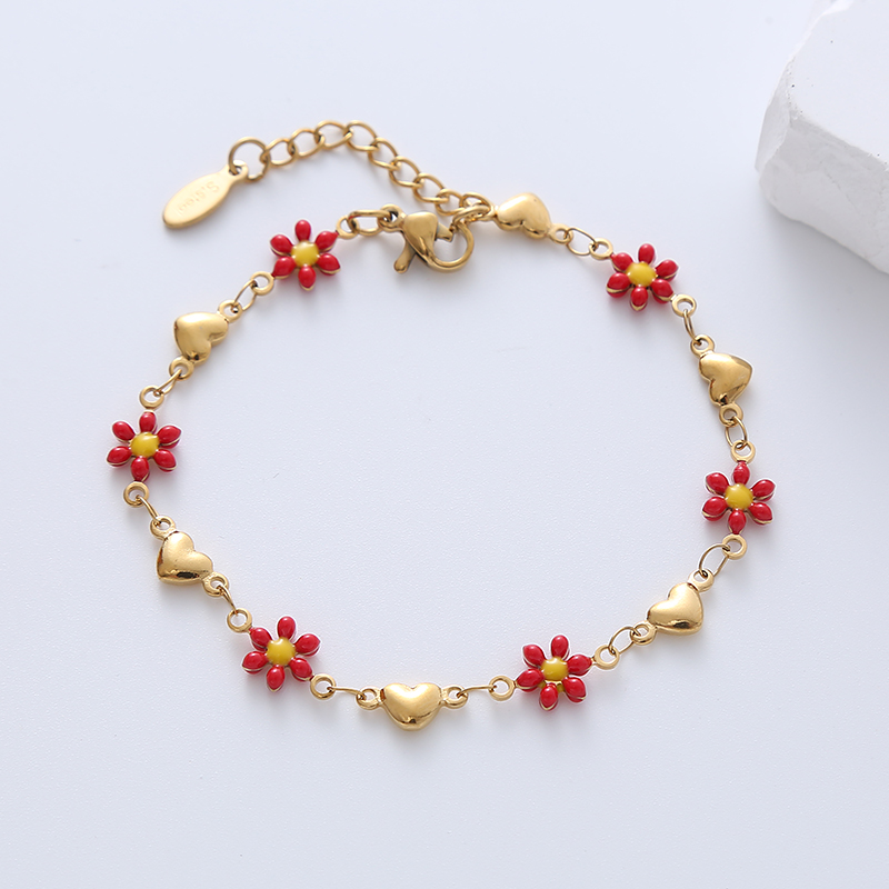 Simple Style Heart Shape Flower Stainless Steel Patchwork Enamel Gold Plated Bracelets display picture 9