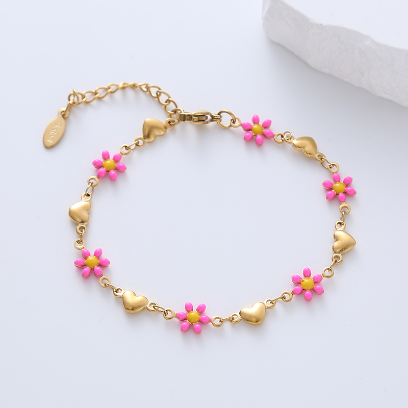 Simple Style Heart Shape Flower Stainless Steel Patchwork Enamel Gold Plated Bracelets display picture 10