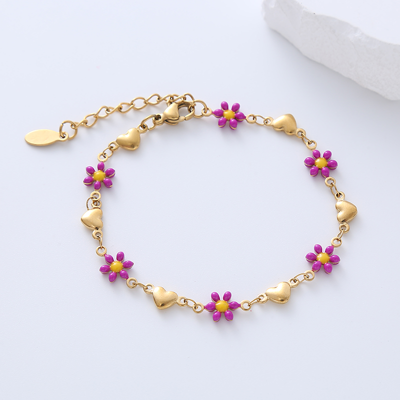 Simple Style Heart Shape Flower Stainless Steel Patchwork Enamel Gold Plated Bracelets display picture 11