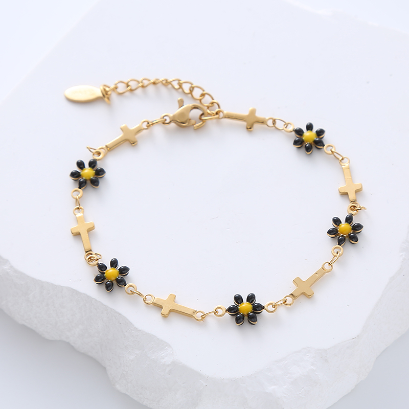 Simple Style Cross Flower Stainless Steel Patchwork Enamel Gold Plated Bracelets 1 Piece display picture 4