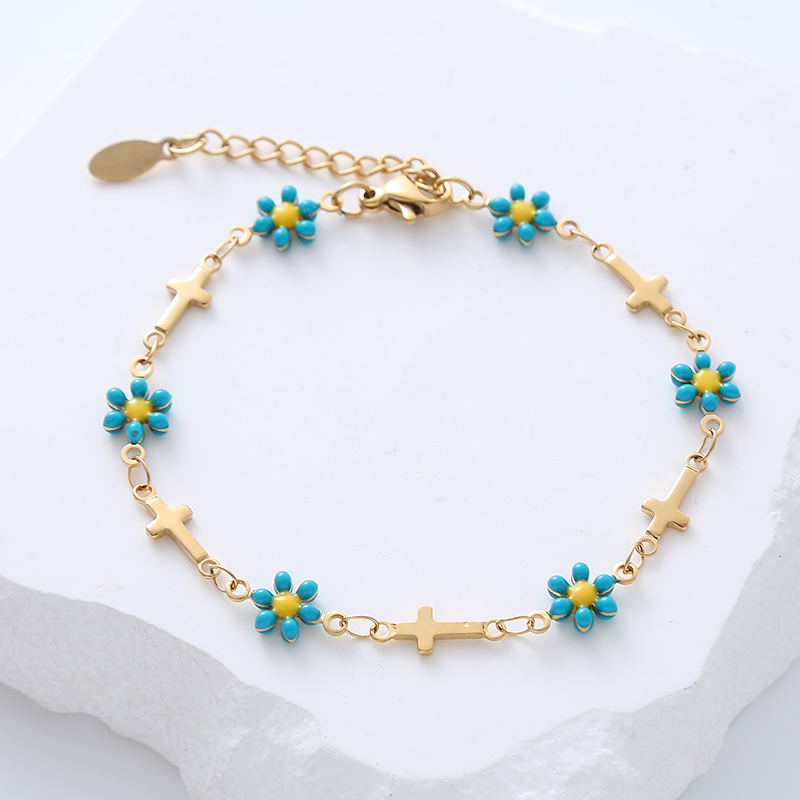 Simple Style Cross Flower Stainless Steel Patchwork Enamel Gold Plated Bracelets 1 Piece display picture 6