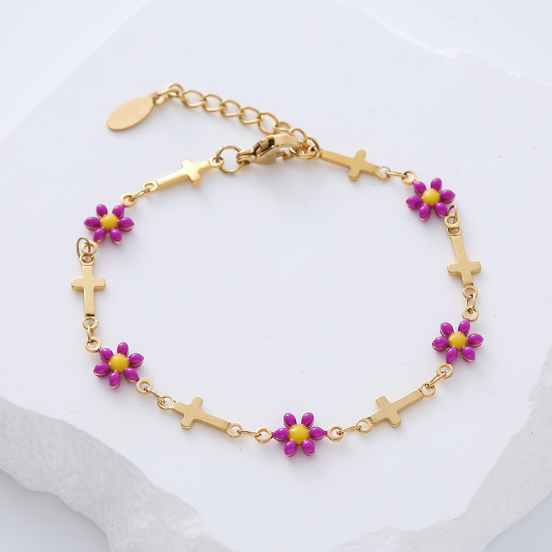 Simple Style Cross Flower Stainless Steel Patchwork Enamel Gold Plated Bracelets 1 Piece display picture 9