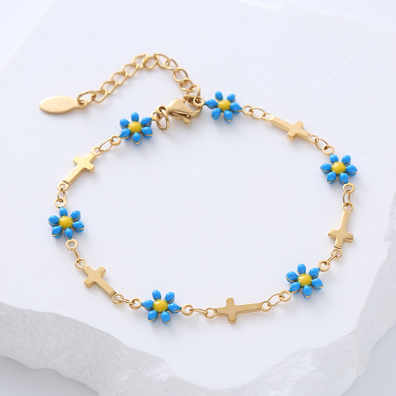 Simple Style Cross Flower Stainless Steel Patchwork Enamel Gold Plated Bracelets 1 Piece display picture 5