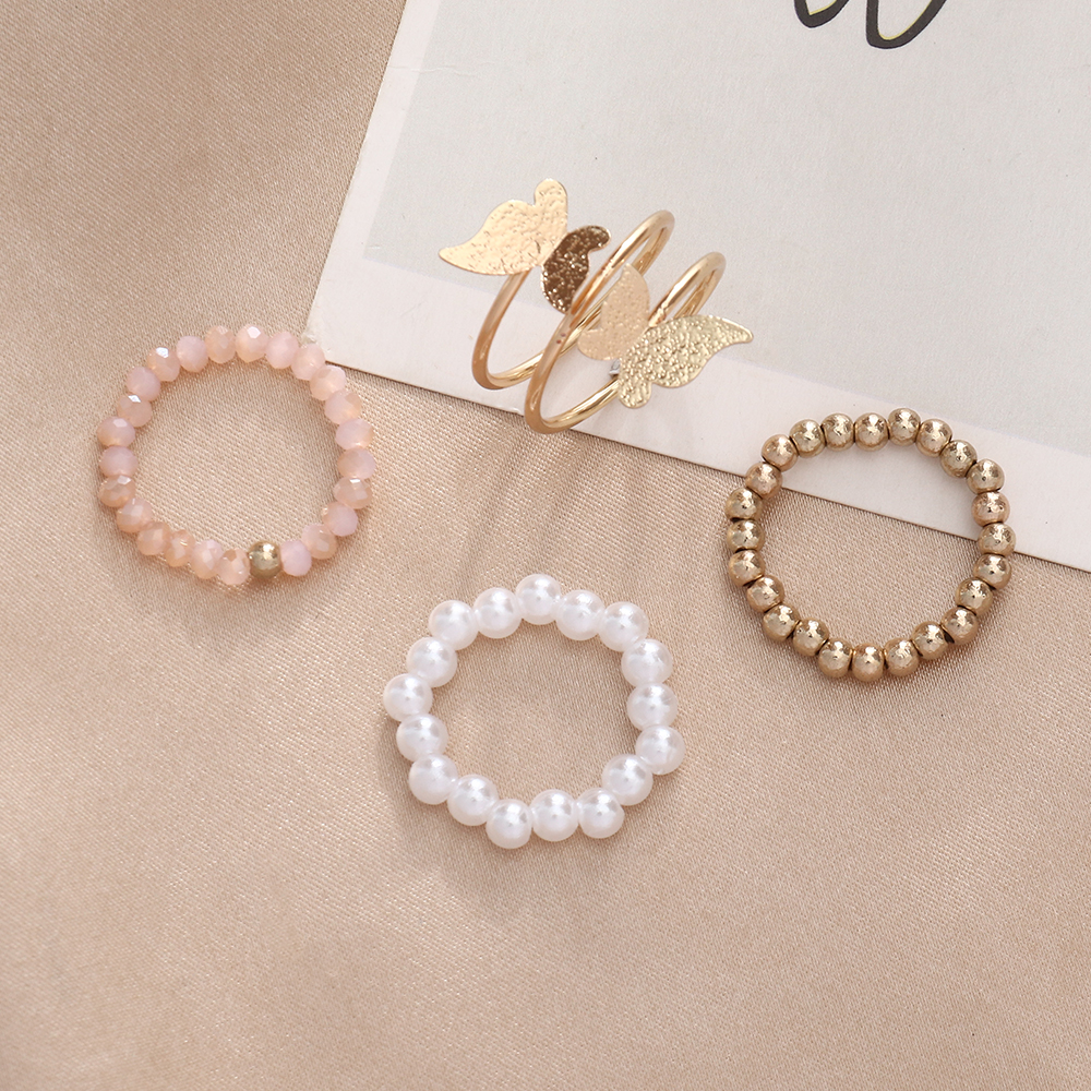 Fashion Butterfly Metal Beaded Artificial Pearls Women's Rings 4 Piece Set display picture 3