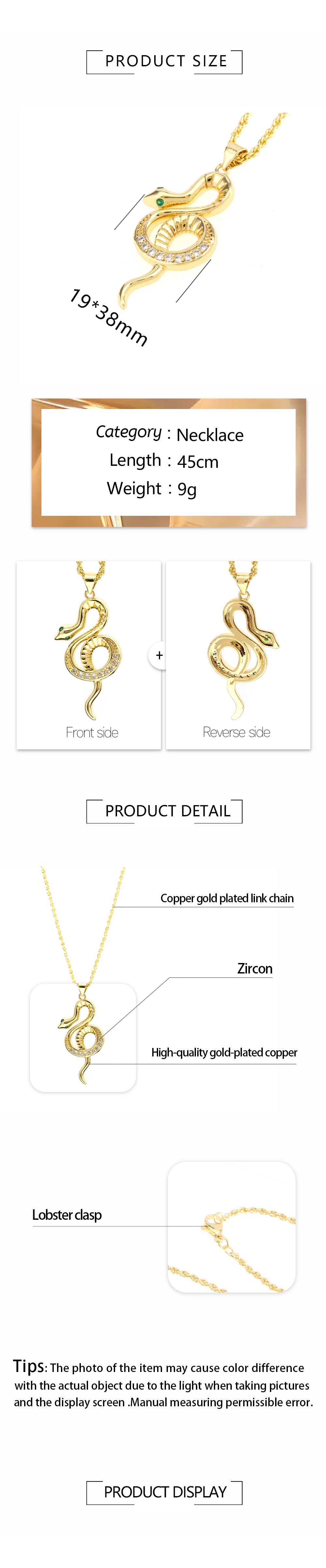 Elegant Snake Copper Plating Zircon Pendant Necklace display picture 1