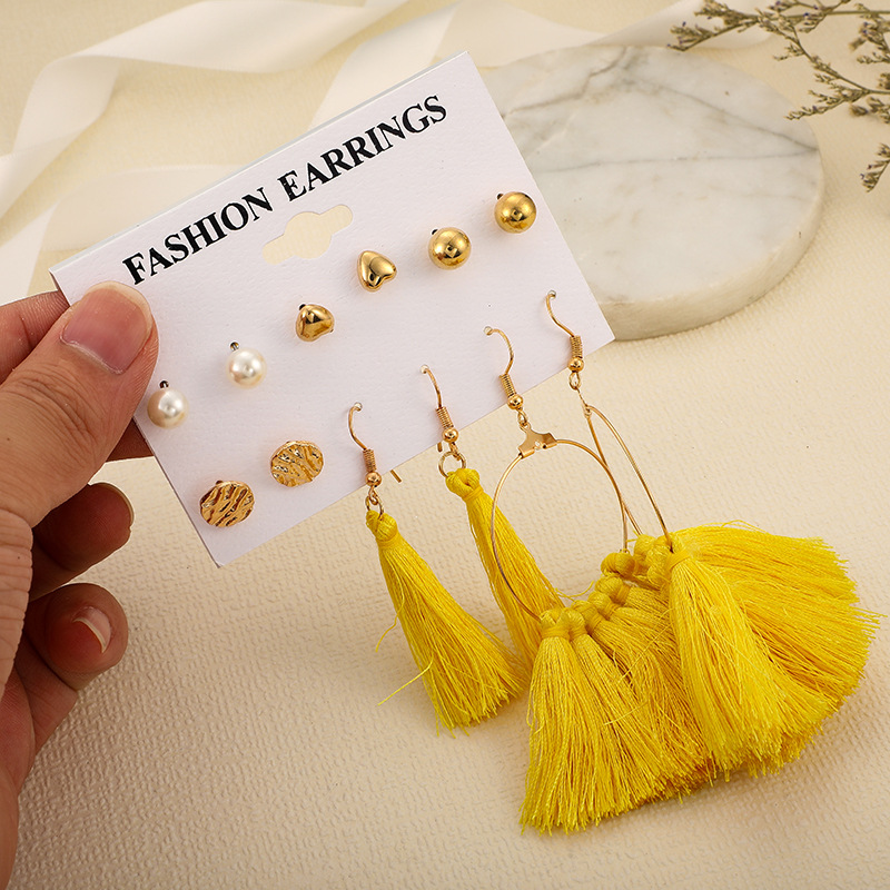 6 Pairs Simple Style Geometric Tassel Alloy Cotton Drop Earrings Ear Studs display picture 2