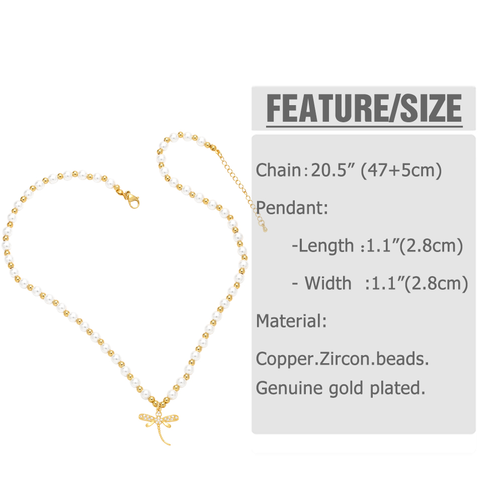 Simple Style Dragonfly Butterfly Imitation Pearl Copper Beaded Gold Plated Zircon Pendant Necklace 1 Piece display picture 1