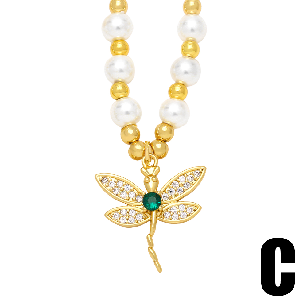 Simple Style Dragonfly Butterfly Imitation Pearl Copper Beaded Gold Plated Zircon Pendant Necklace 1 Piece display picture 5