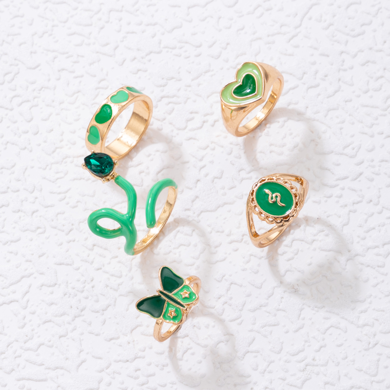 Fashion Heart Shape Snake Butterfly Alloy Enamel Plating Rhinestones Women's Rings 1 Set display picture 3