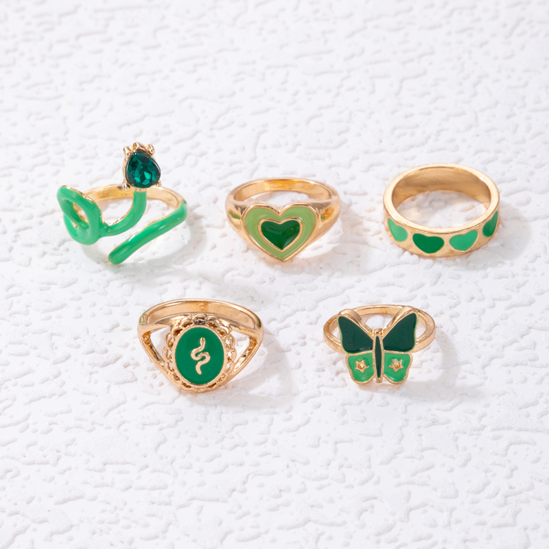 Fashion Heart Shape Snake Butterfly Alloy Enamel Plating Rhinestones Women's Rings 1 Set display picture 5