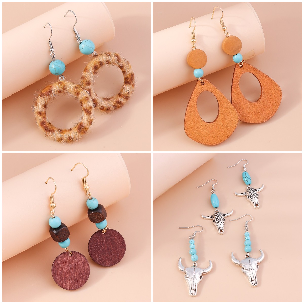 Retro Round Cattle Leopard Alloy Wood Inlay Turquoise Women's Drop Earrings 1 Pair display picture 1