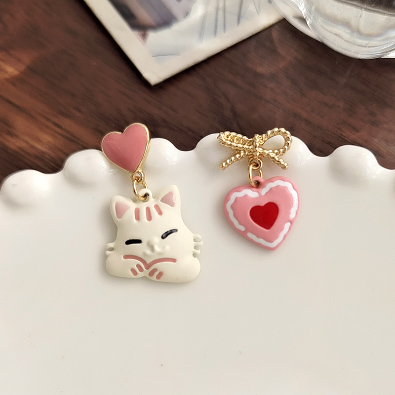 Sweet Heart Shape Cat Bow Knot Alloy Enamel Women's Drop Earrings Ear Clips 1 Pair display picture 5