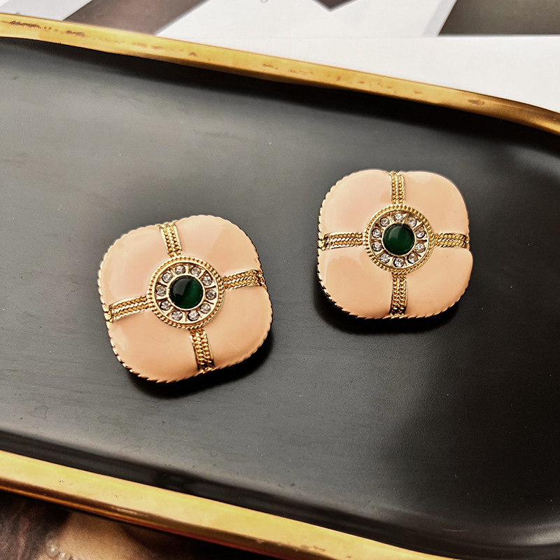 1 Pair Retro Simple Style Square Enamel Inlay Alloy Enamel Rhinestones 18K Gold Plated Ear Studs display picture 1