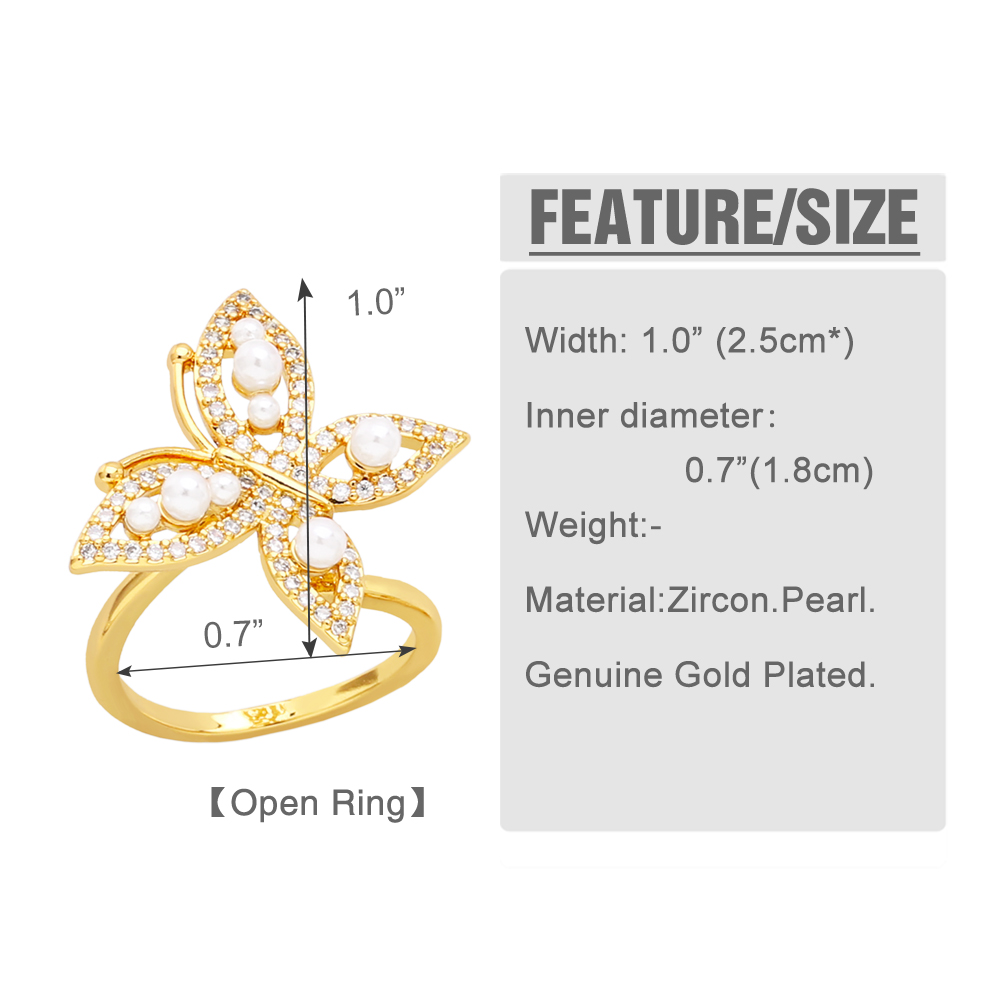 Classic Style Geometric Butterfly Copper Gold Plated Artificial Pearls Zircon Open Ring 1 Piece display picture 1