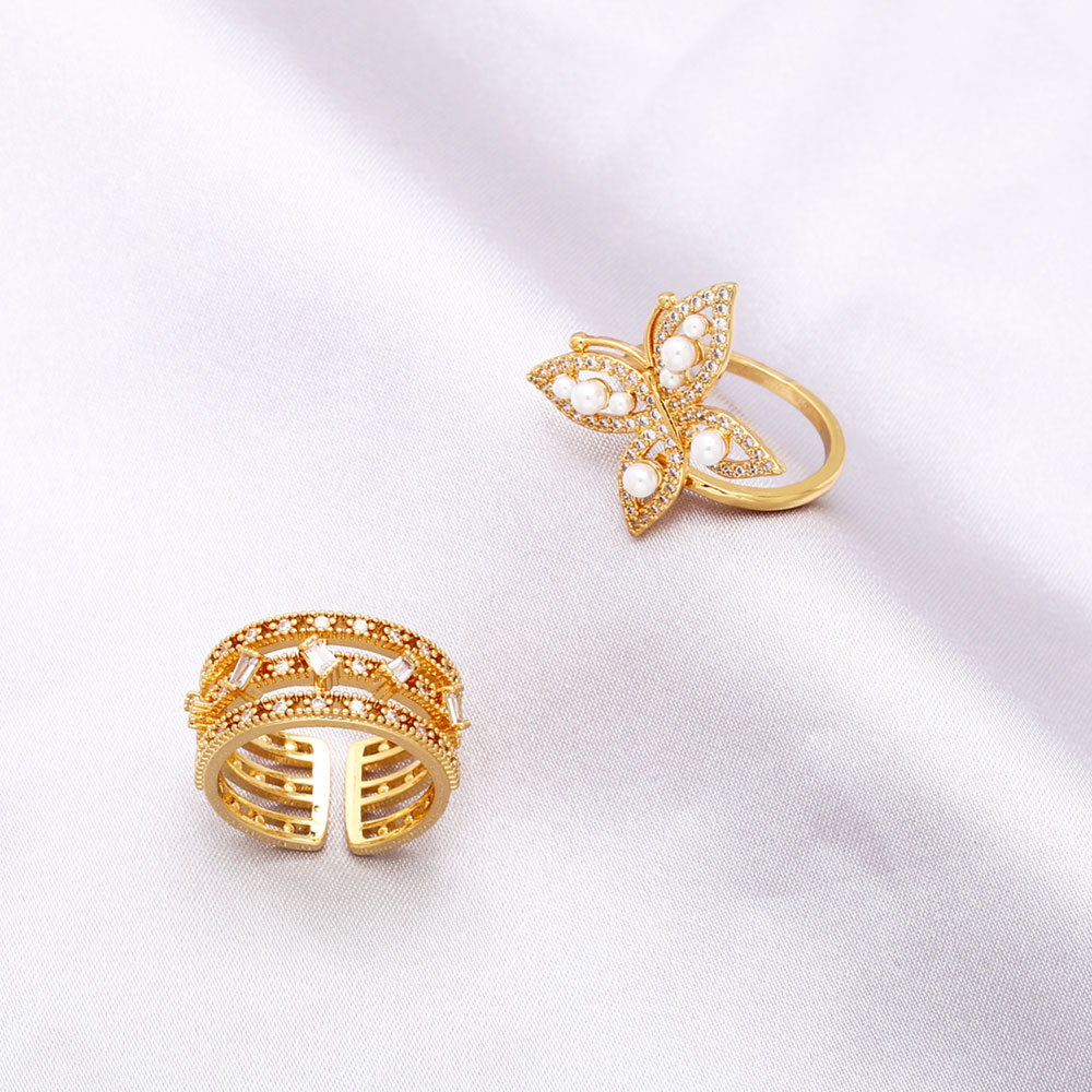 Klassischer Stil Geometrisch Schmetterling Kupfer Vergoldet Künstliche Perlen Zirkon Offener Ring 1 Stück display picture 2