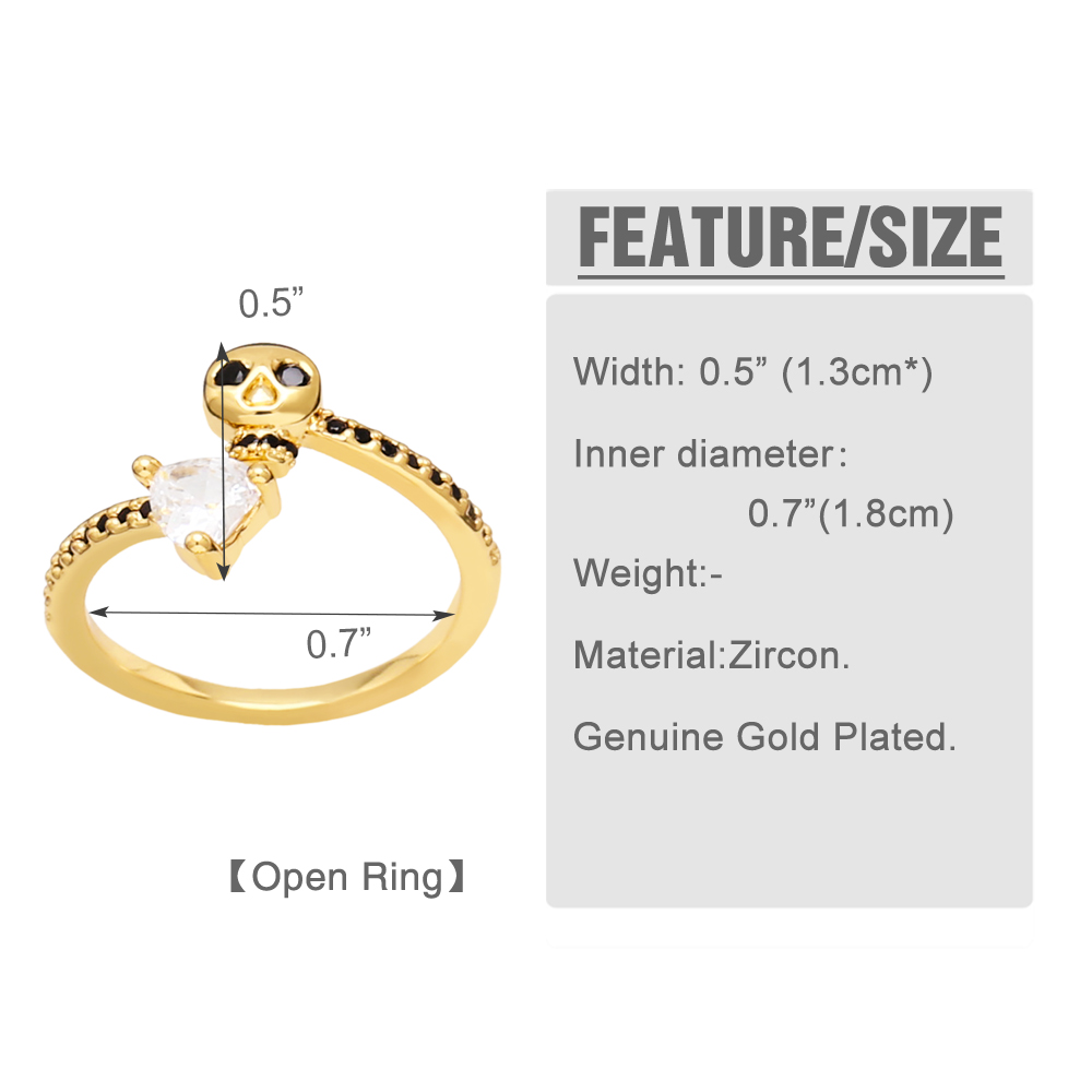 Hip-hop Heart Shape Skull Copper Gold Plated Zircon Open Ring 1 Piece display picture 1