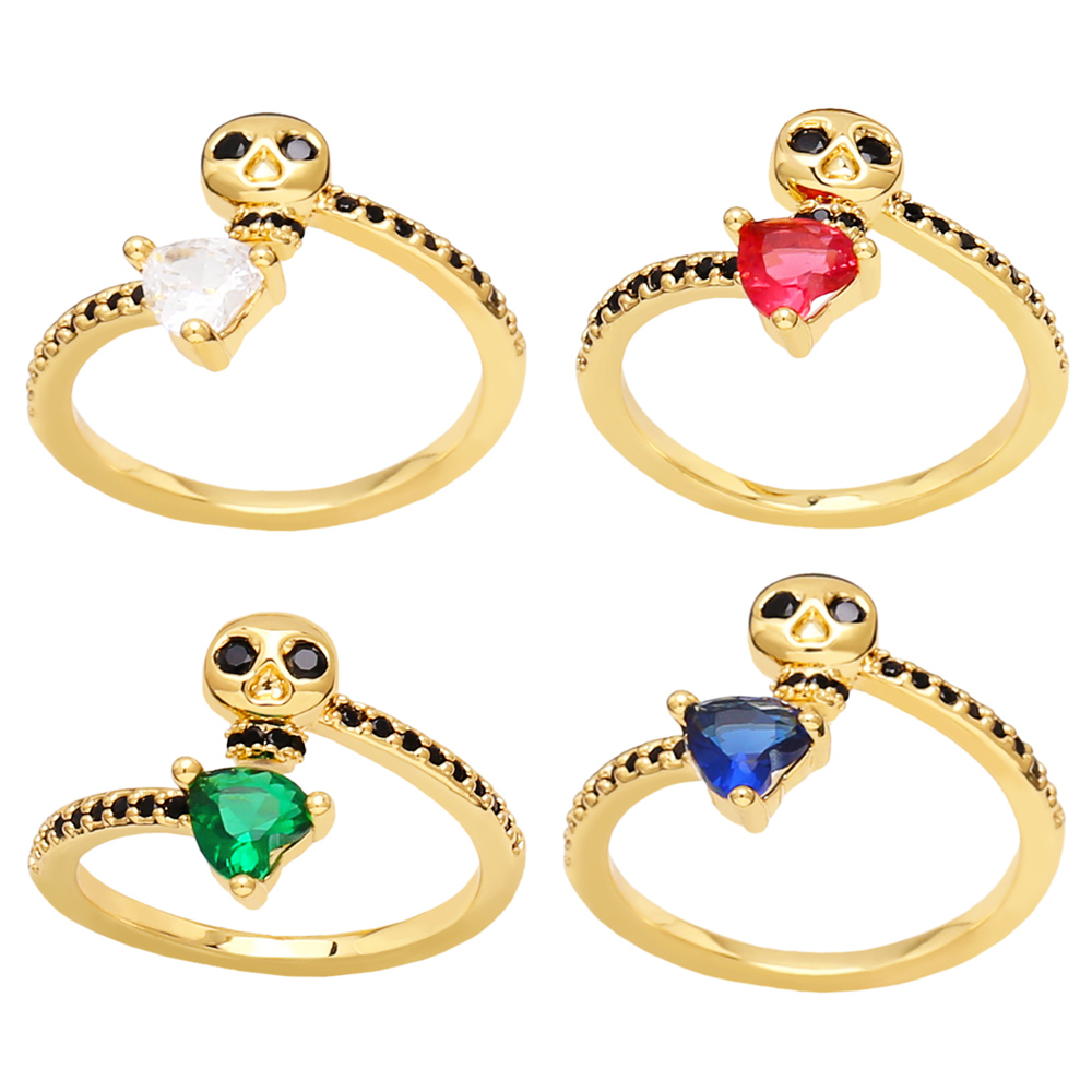 Hip-hop Heart Shape Skull Copper Gold Plated Zircon Open Ring 1 Piece display picture 2