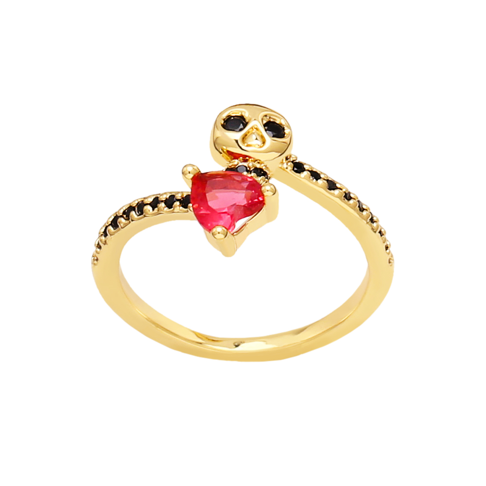 Hip-hop Heart Shape Skull Copper Gold Plated Zircon Open Ring 1 Piece display picture 5
