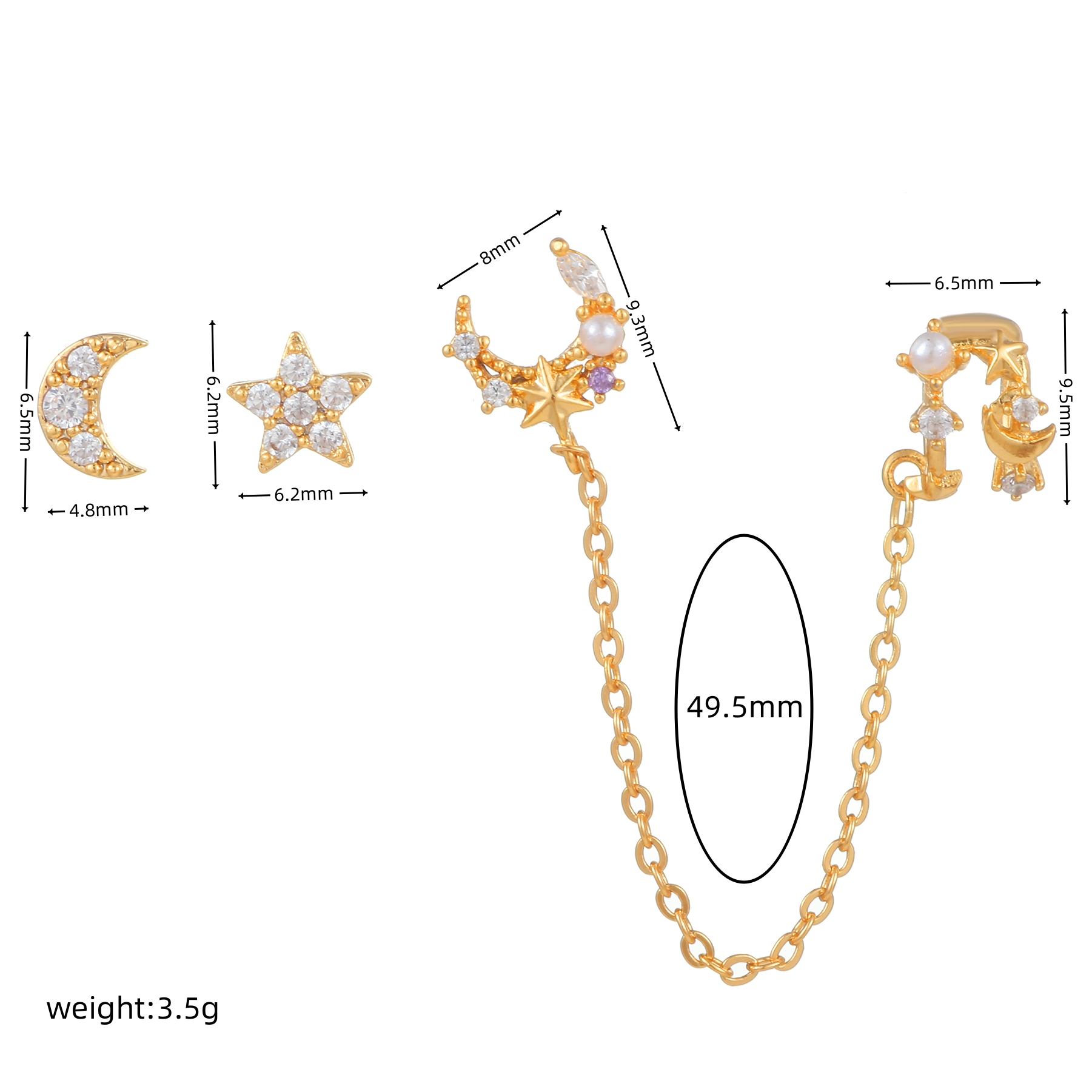 Fashion Star Moon Tassel Copper Inlay Artificial Pearls Zircon Earrings 3 Piece Set display picture 6