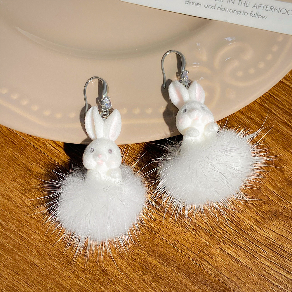 Cute Rabbit Resin Plush Inlay Rhinestones Women's Drop Earrings 1 Pair display picture 5