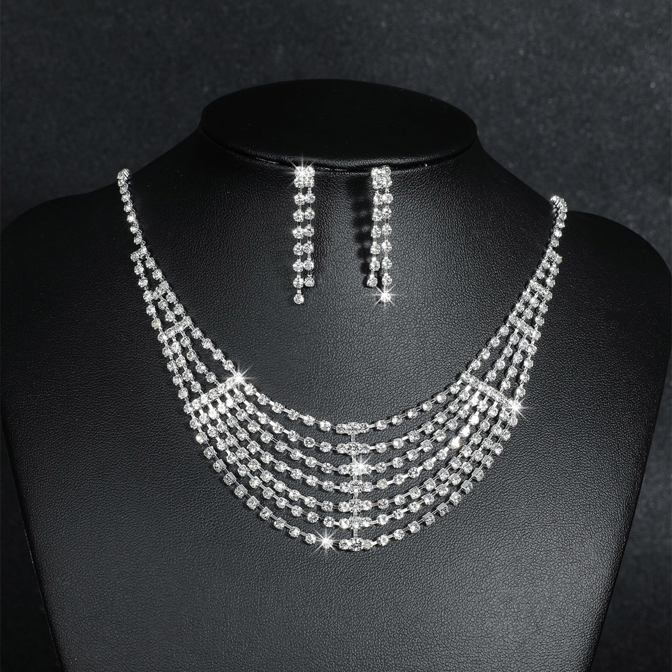 Elegant Water Droplets Tassel Artificial Crystal Metal Inlay Rhinestones Earrings Necklace 1 Set display picture 5