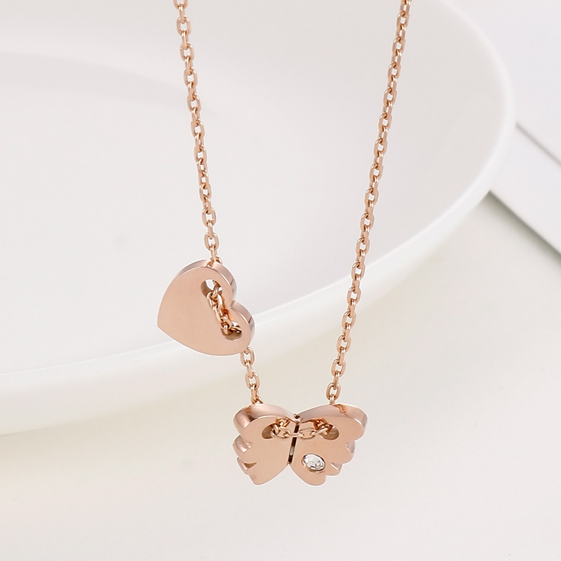 Sweet Heart Shape Butterfly Stainless Steel Plating Rhinestones Necklace 1 Piece display picture 1
