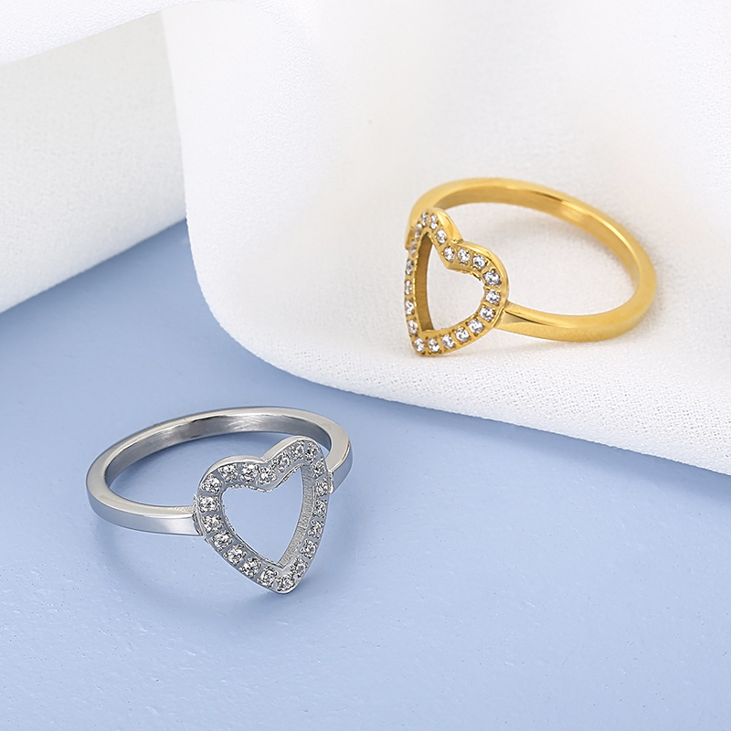 Simple Style Heart Shape Stainless Steel Plating Rhinestones Rings 1 Piece display picture 5