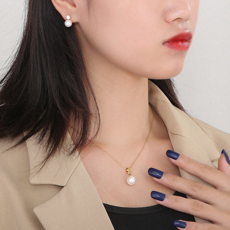 Mode Geometrisch Titan Stahl Inlay Künstliche Perlen Strasssteine Frau Ohrringe Halskette display picture 10