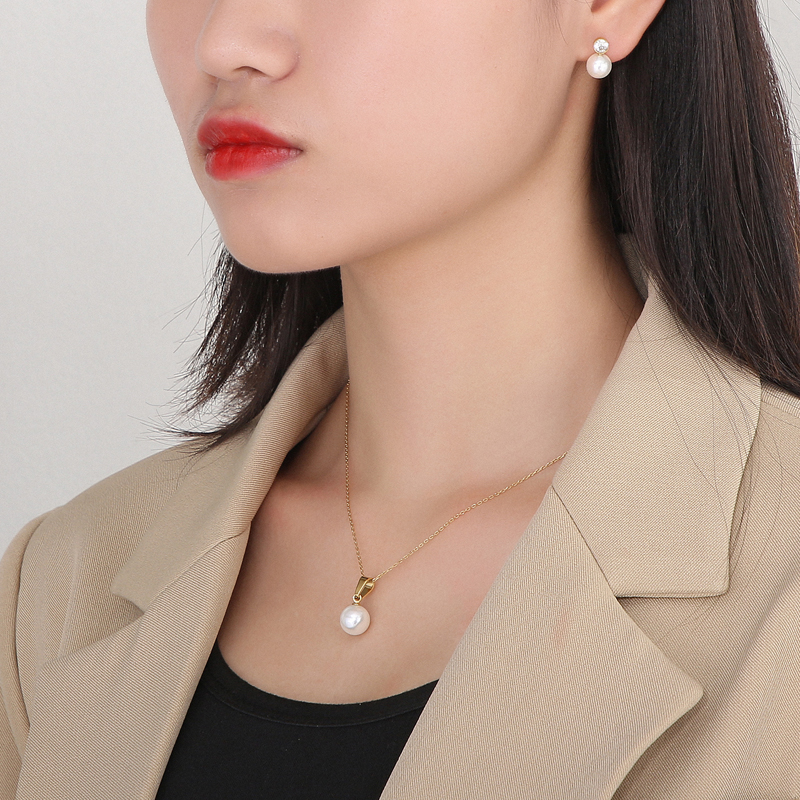 Mode Geometrisch Titan Stahl Inlay Künstliche Perlen Strasssteine Frau Ohrringe Halskette display picture 11