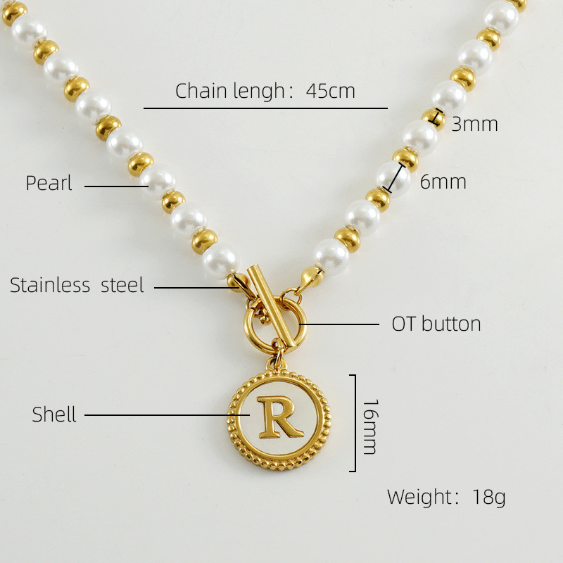 Simple Style Round Letter Imitation Pearl Titanium Steel Inlaid Shell Pendant Necklace 1 Piece display picture 5