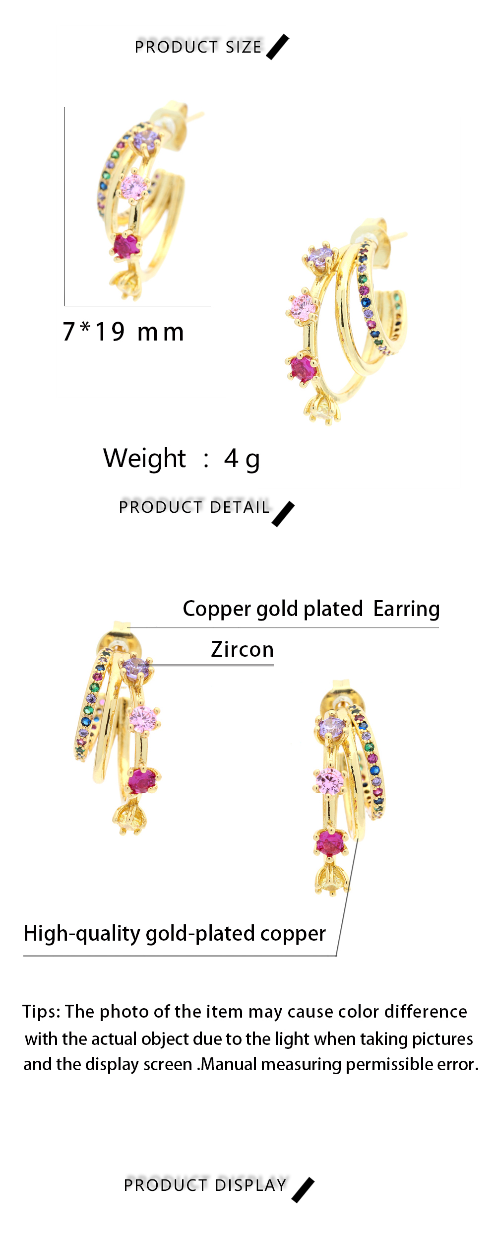 1 Pair Simple Style C Shape Gold Plated Copper Zircon Gold Plated Ear Studs display picture 1