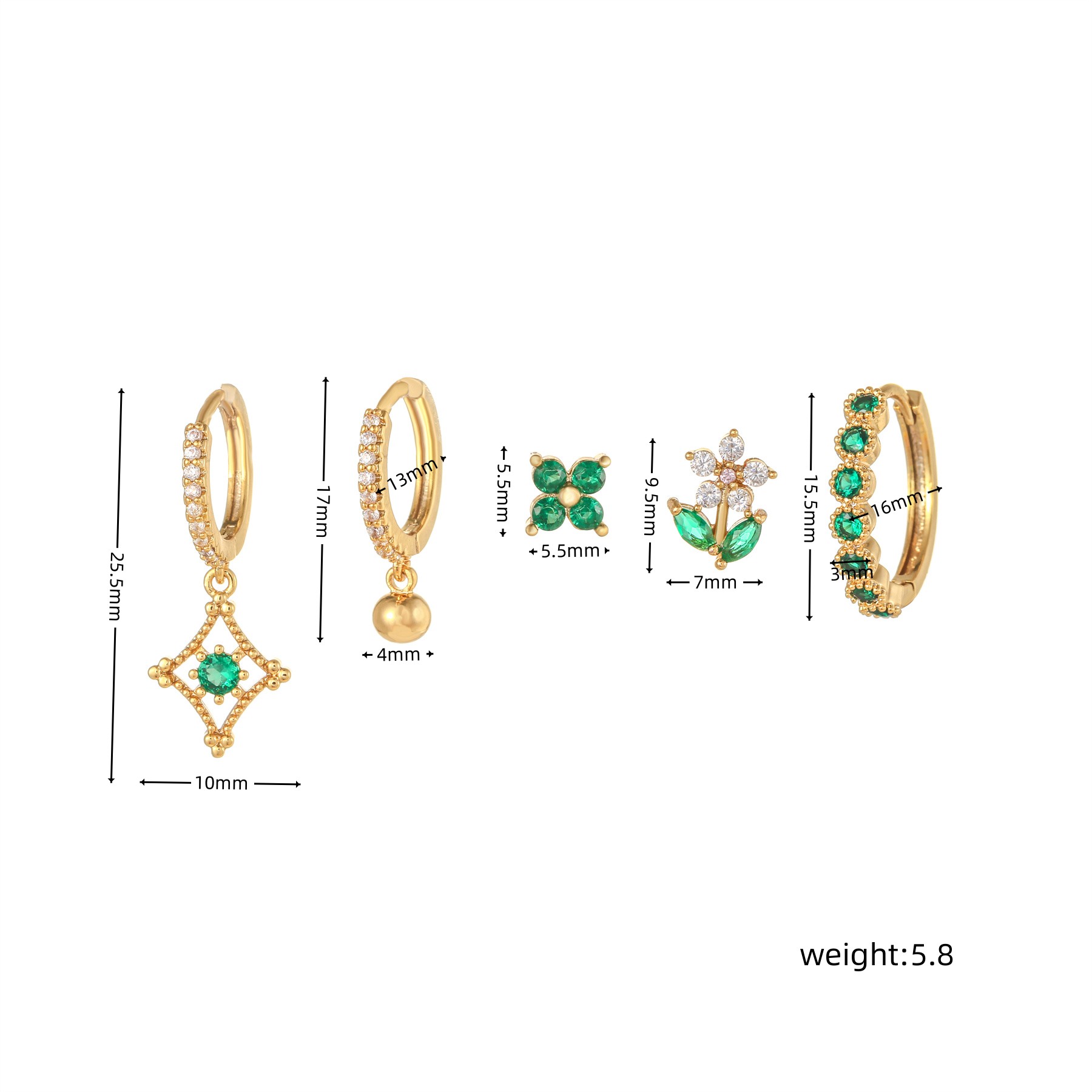 Fashion Leaves Flower Copper Gold Plated Zircon Earrings 5 Piece Set display picture 6