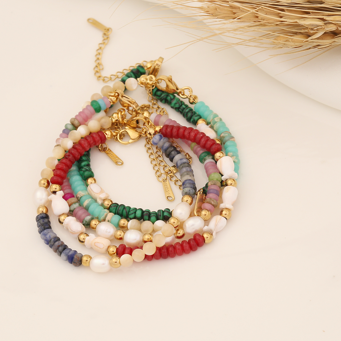 Bohemian Color Block Stainless Steel Natural Stone Beaded Handmade Bracelets display picture 1