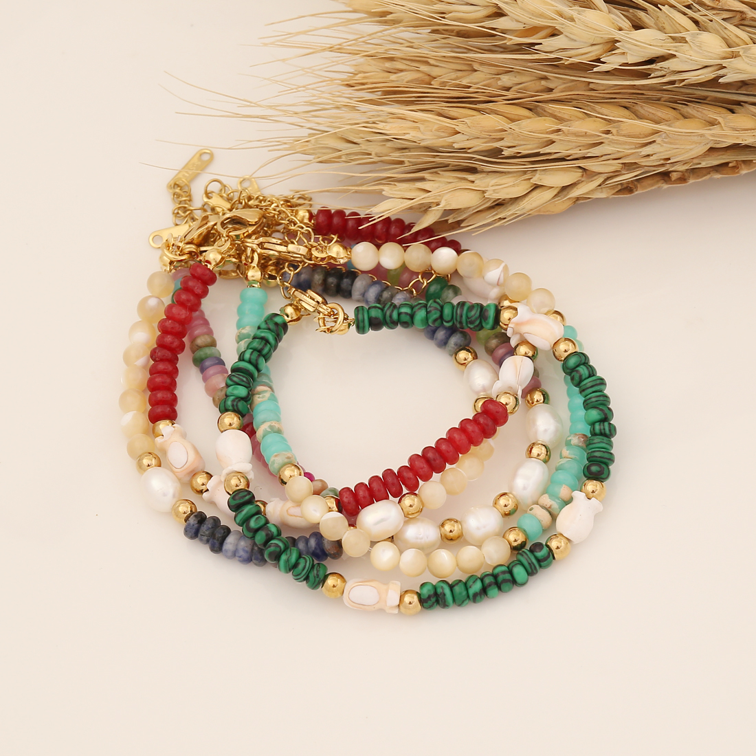 Bohemian Color Block Stainless Steel Natural Stone Beaded Handmade Bracelets display picture 2