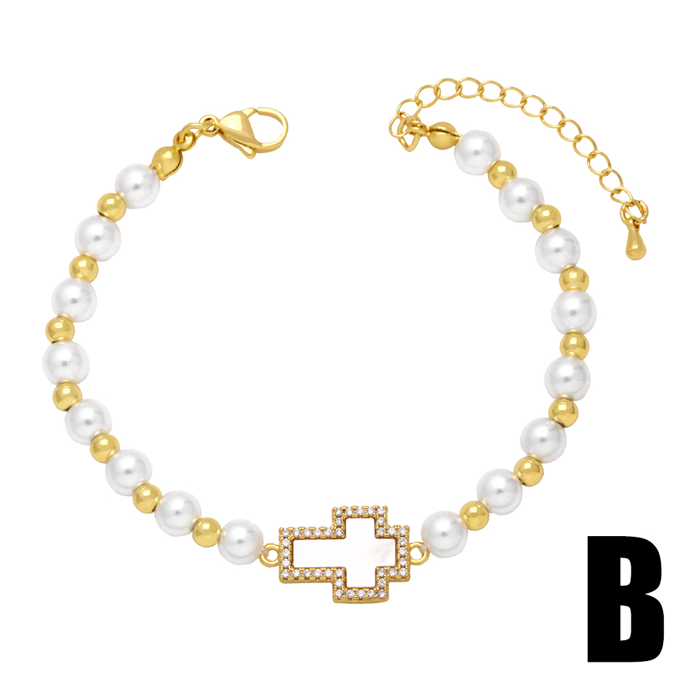 Retro Cross Devil's Eye Imitation Pearl Copper Enamel Gold Plated Zircon Bracelets 1 Piece display picture 5