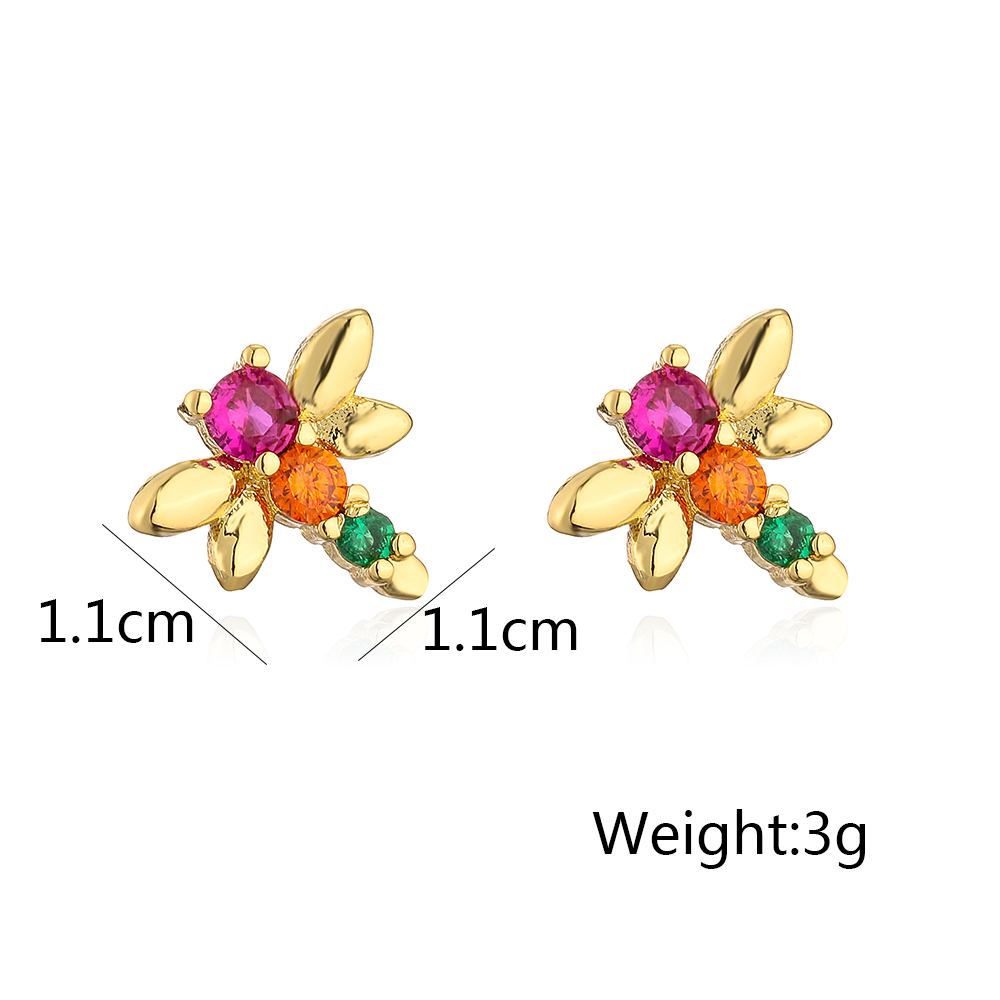 Fashion Four Leaf Clover Dragonfly Copper Gold Plated Zircon Ear Studs 1 Pair display picture 5