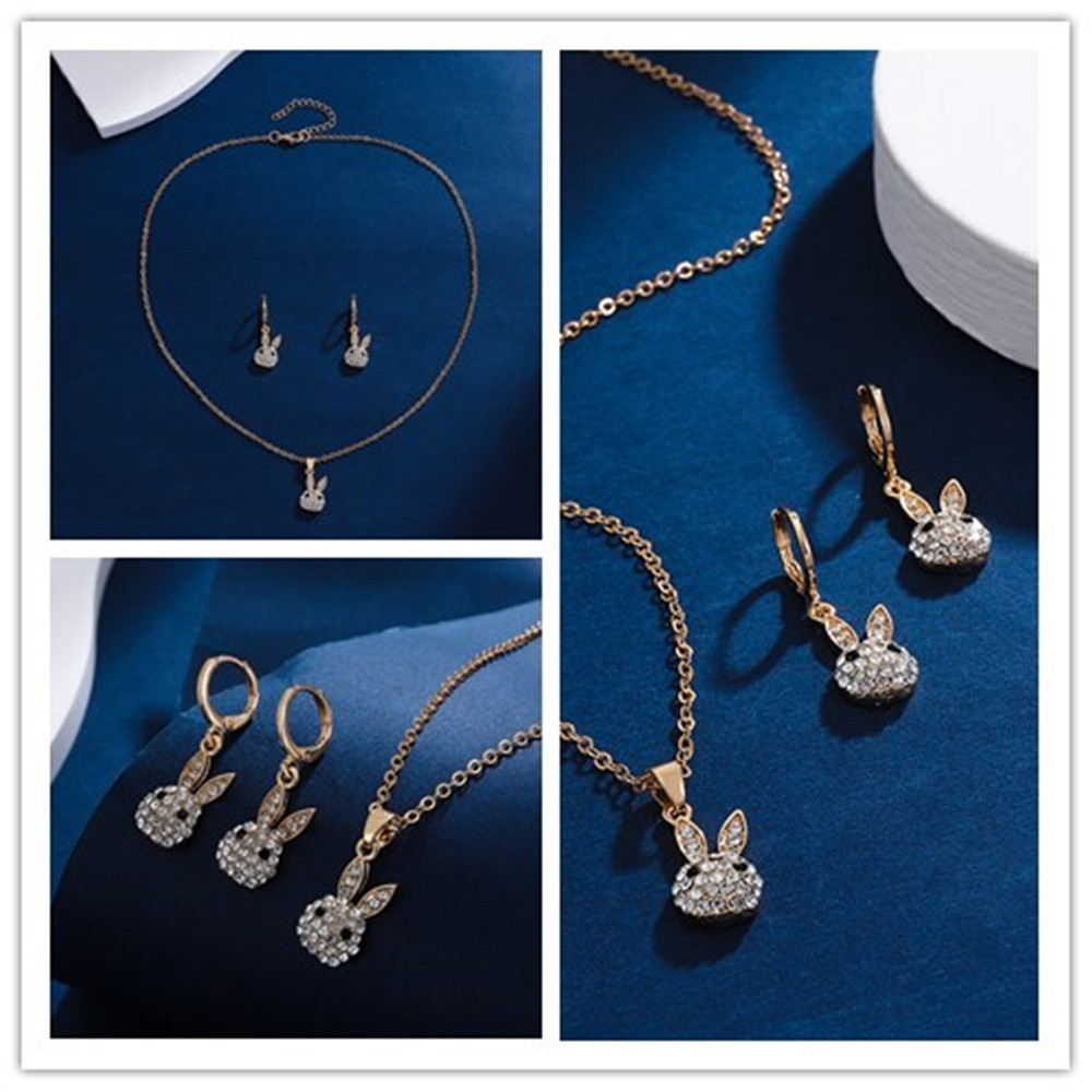 Cute Rabbit Copper Plating Artificial Rhinestones Zircon Women's Earrings Necklace 1 Set display picture 2