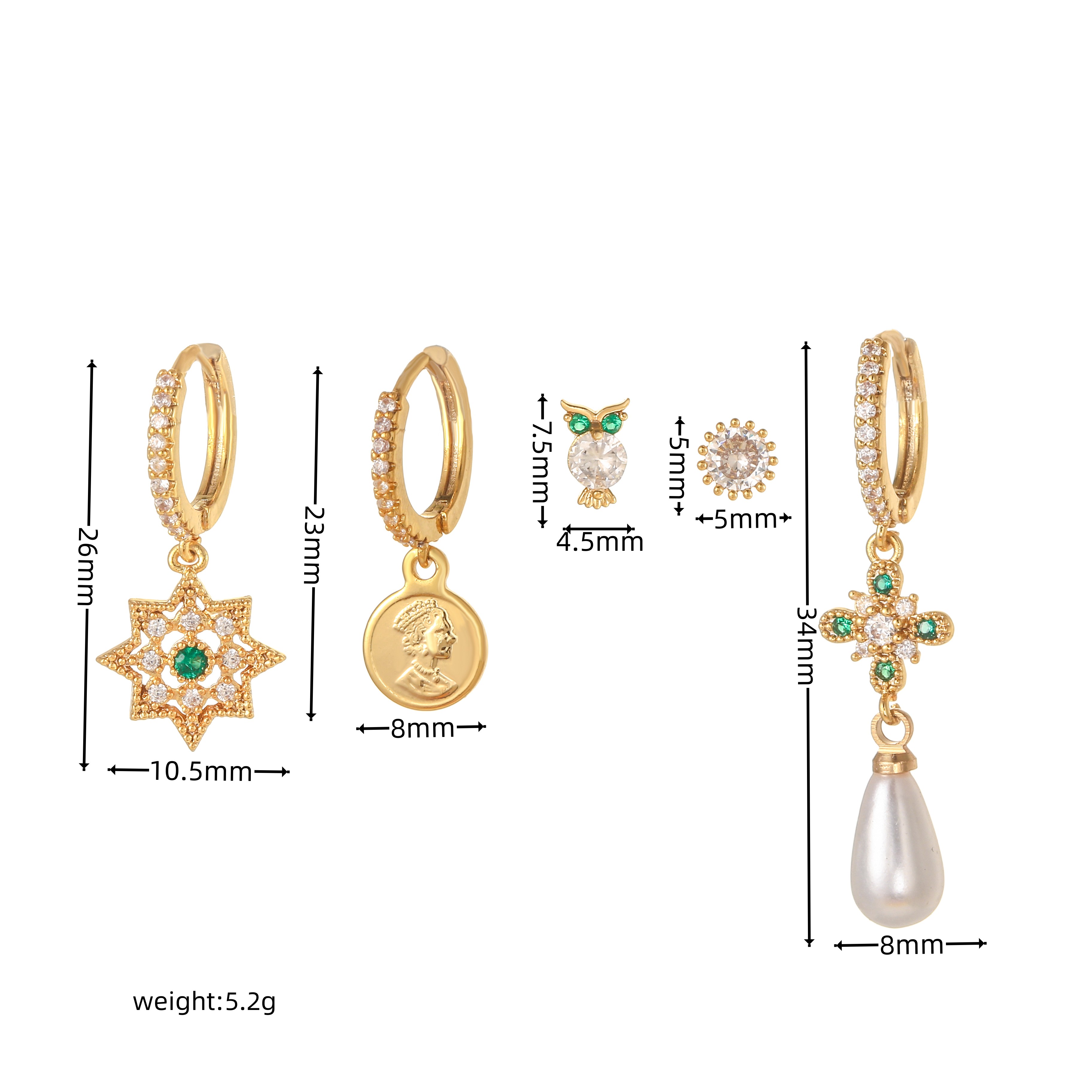 Mode Hibou Le Cuivre Plaqué Or Zircon Des Boucles D'oreilles Ensemble De 5 Pièces display picture 5