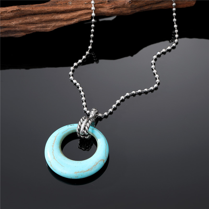 Fashion Round Rectangle Fish Bone Stainless Steel Gem Hollow Out Turquoise Pendant Necklace 1 Piece display picture 1