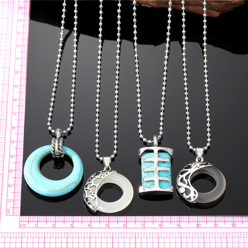 Fashion Round Rectangle Fish Bone Stainless Steel Gem Hollow Out Turquoise Pendant Necklace 1 Piece display picture 6