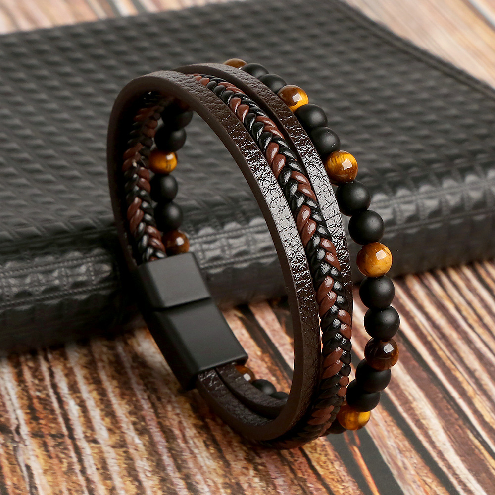 Casual Vacation Round Pu Leather Alloy Natural Stone Beaded Handmade Men's Bracelets display picture 7