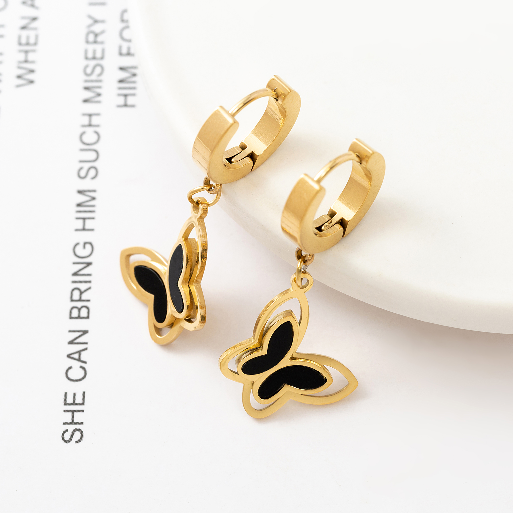 1 Pair Fashion Butterfly Polishing Plating Inlay Titanium Steel Shell Zircon Gold Plated Drop Earrings display picture 12