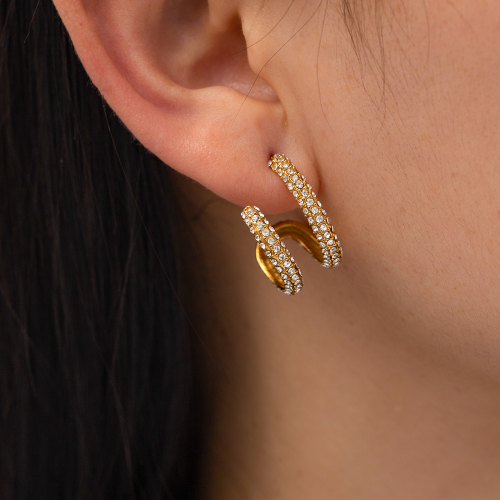 1 Pair Simple Style C Shape Layered Inlay Stainless Steel Pearl Zircon Gold Plated Ear Studs display picture 2