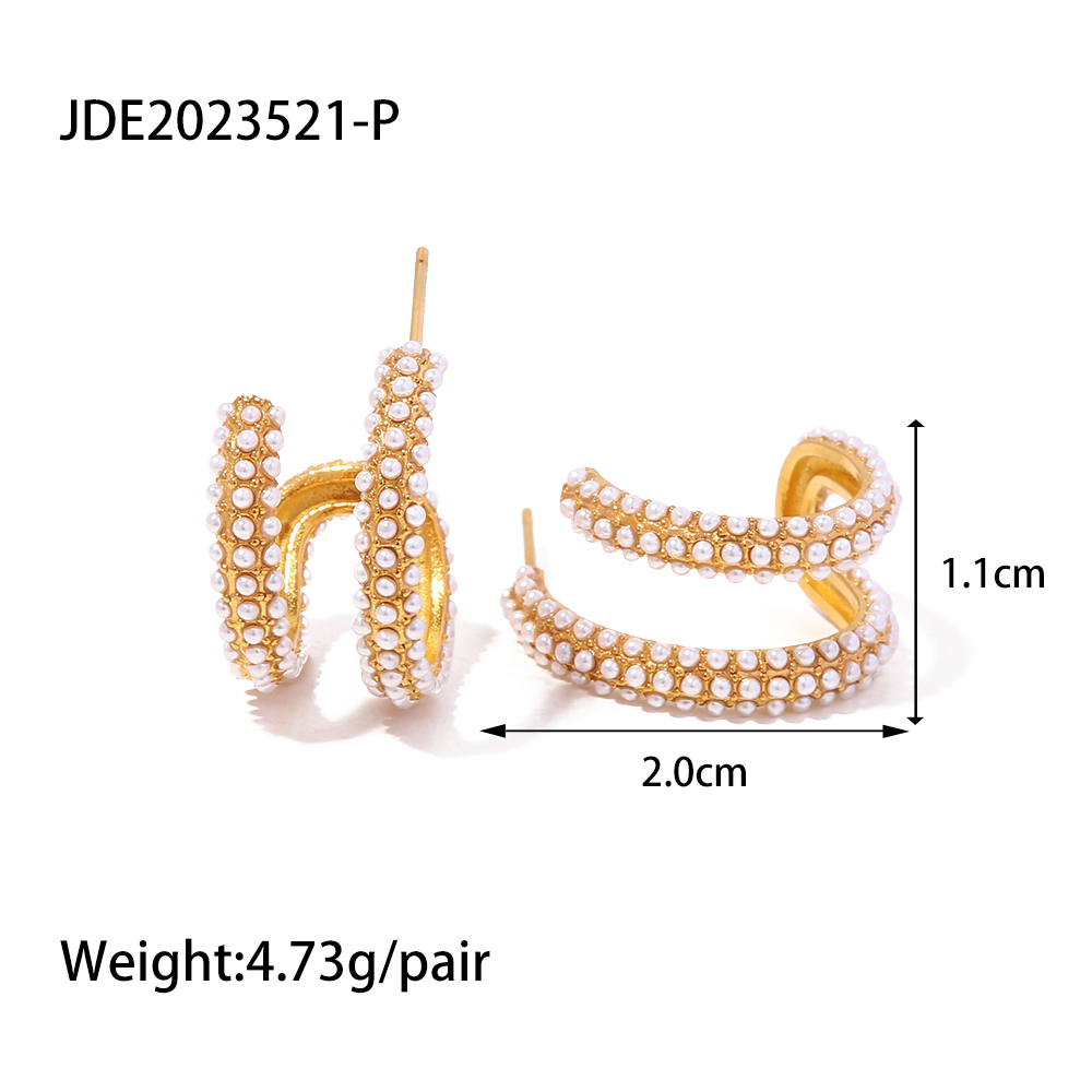 1 Pair Simple Style C Shape Layered Inlay Stainless Steel Pearl Zircon Gold Plated Ear Studs display picture 7